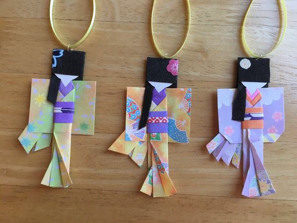 Handmade Japanese Origami Paper Doll Fancy Christmas Ornaments - Set of Three