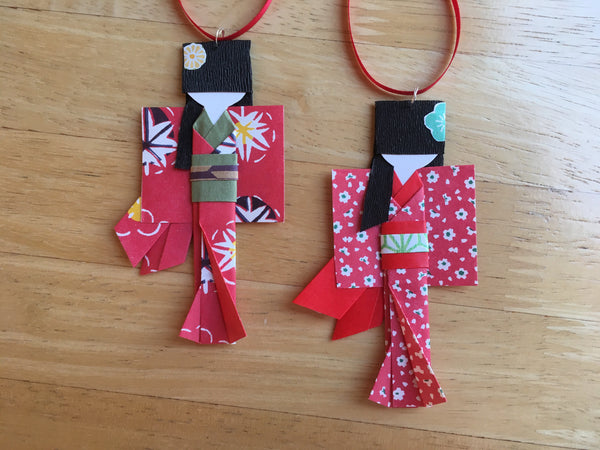 Set of two Handmade Japanese Origami Paper Doll Christmas Ornaments