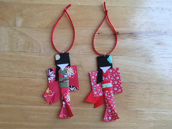 Set of two Handmade Japanese Origami Paper Doll Christmas Ornaments