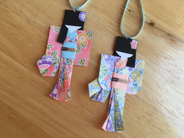 Set of two Handmade Japanese Origami Paper Doll Christmas Ornaments