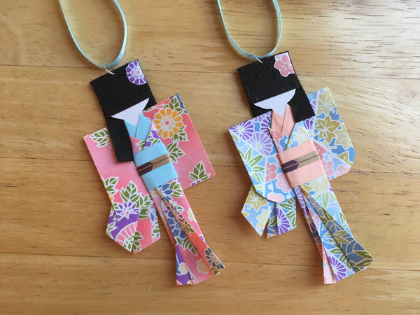 Set of two Handmade Japanese Origami Paper Doll Christmas Ornaments