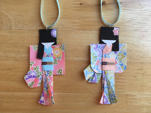 Set of two Handmade Japanese Origami Paper Doll Christmas Ornaments