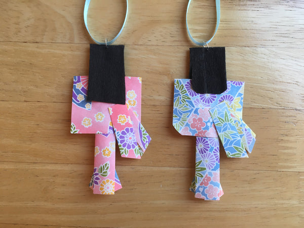 Set of two Handmade Japanese Origami Paper Doll Christmas Ornaments