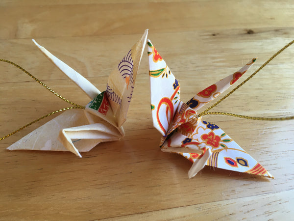 Handmade Japanese Origami Paper Crane Christmas Tree Ornaments - Set of two