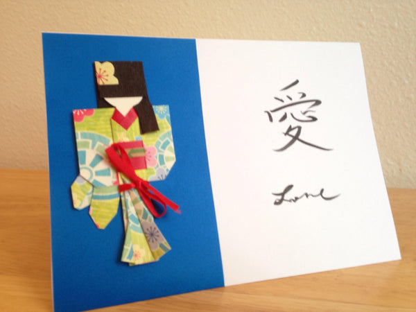 Fancy Handmade Japanese Origami Paper Doll Kanji Love Card