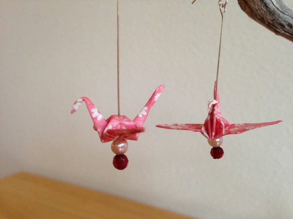 Handmade Japanese Origami Paper Crane Christmas Gift Earrings Pink