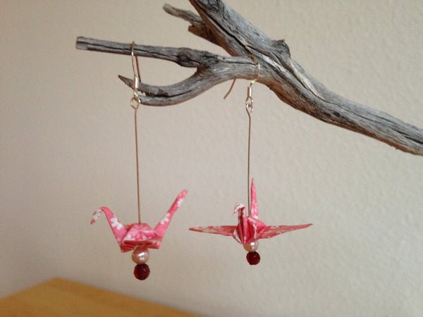 Handmade Japanese Origami Paper Crane Christmas Gift Earrings Pink