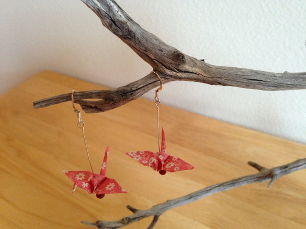 Handmade Japanese Origami Paper Crane Christmas Gift Earrings Pink