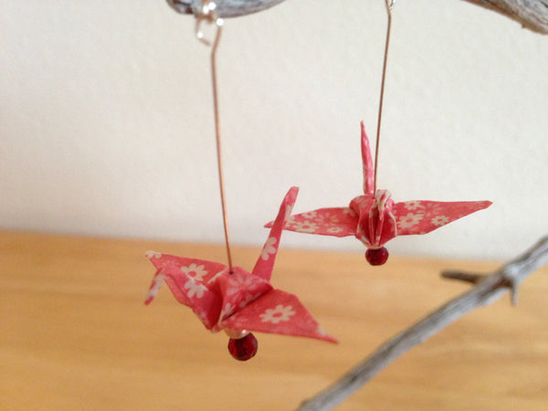 Handmade Japanese Origami Paper Crane Christmas Gift Earrings Pink