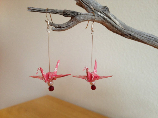 Handmade Japanese Origami Paper Crane Christmas Gift Earrings Pink