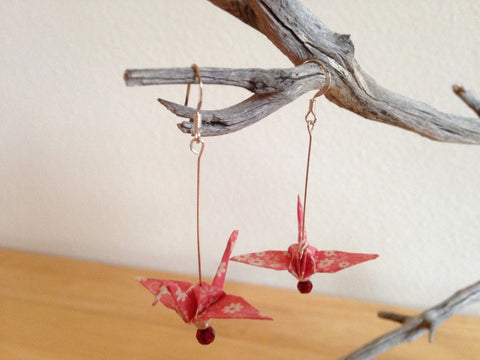 Handmade Japanese Origami Paper Crane Christmas Gift Earrings Pink