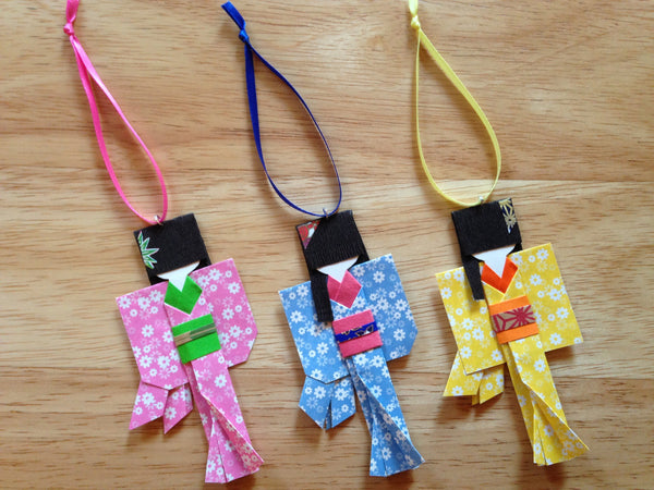 Handmade Japanese Origami Paper Doll Fancy Christmas Ornaments - Set of Three