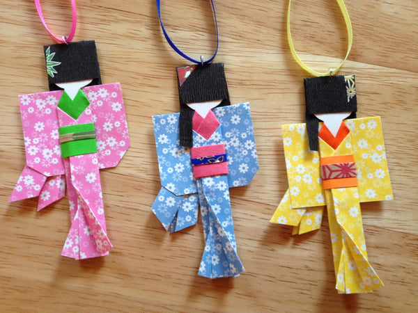 Handmade Japanese Origami Paper Doll Fancy Christmas Ornaments - Set of Three