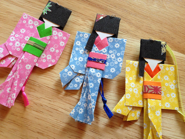 Handmade Japanese Origami Paper Doll Fancy Christmas Ornaments - Set of Three