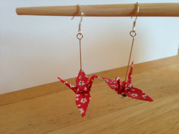 Handmade Japanese Origami Paper Crane Christmas Gift Earrings Red