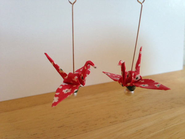 Handmade Japanese Origami Paper Crane Christmas Gift Earrings Red