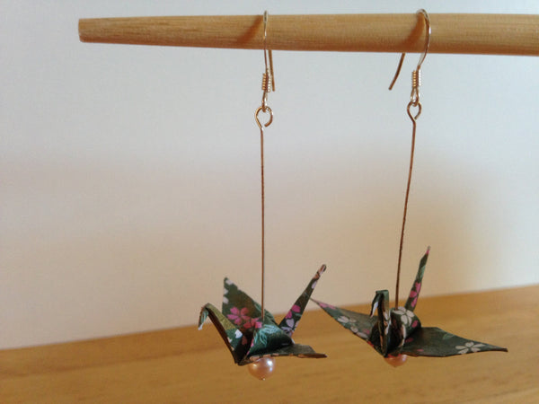 Handmade Japanese Origami Paper Crane Christmas Gift Earrings Green and Pink