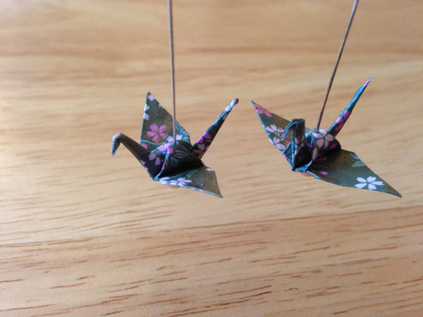 Handmade Japanese Origami Paper Crane Christmas Gift Earrings Green and Pink