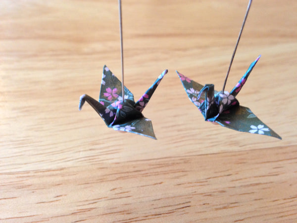 Handmade Japanese Origami Paper Crane Christmas Gift Earrings Green and Pink