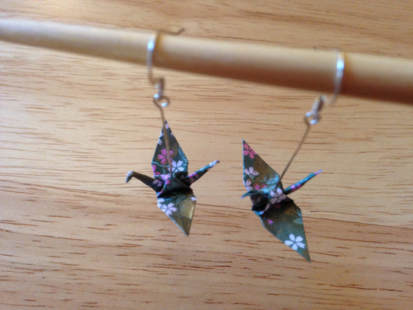 Handmade Japanese Origami Paper Crane Christmas Gift Earrings Green and Pink