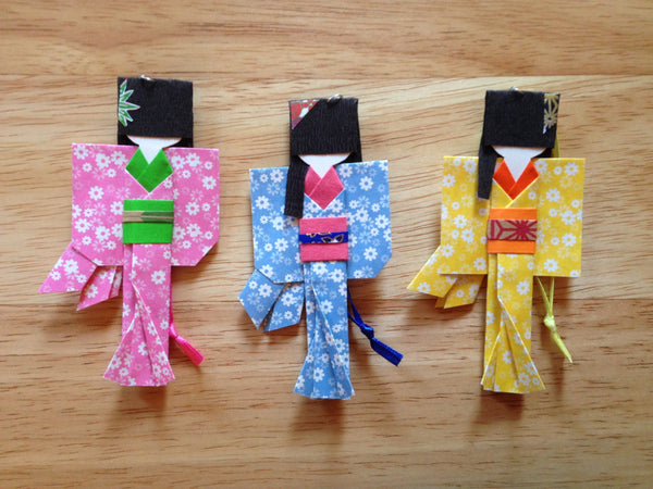 Handmade Japanese Origami Paper Doll Fancy Christmas Ornaments - Set of Three