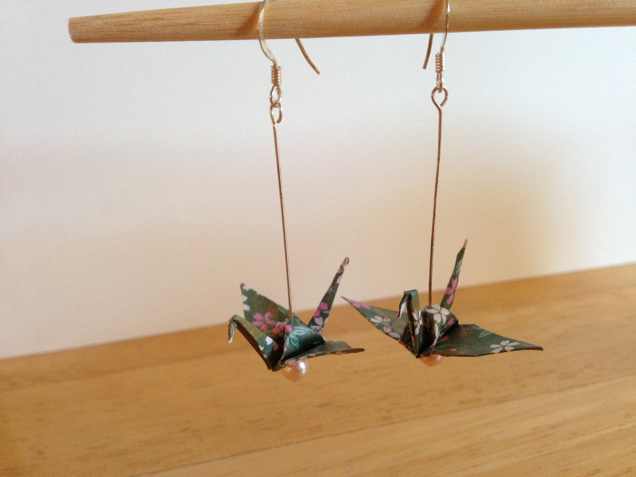 Handmade Japanese Origami Paper Crane Christmas Gift Earrings Green and Pink